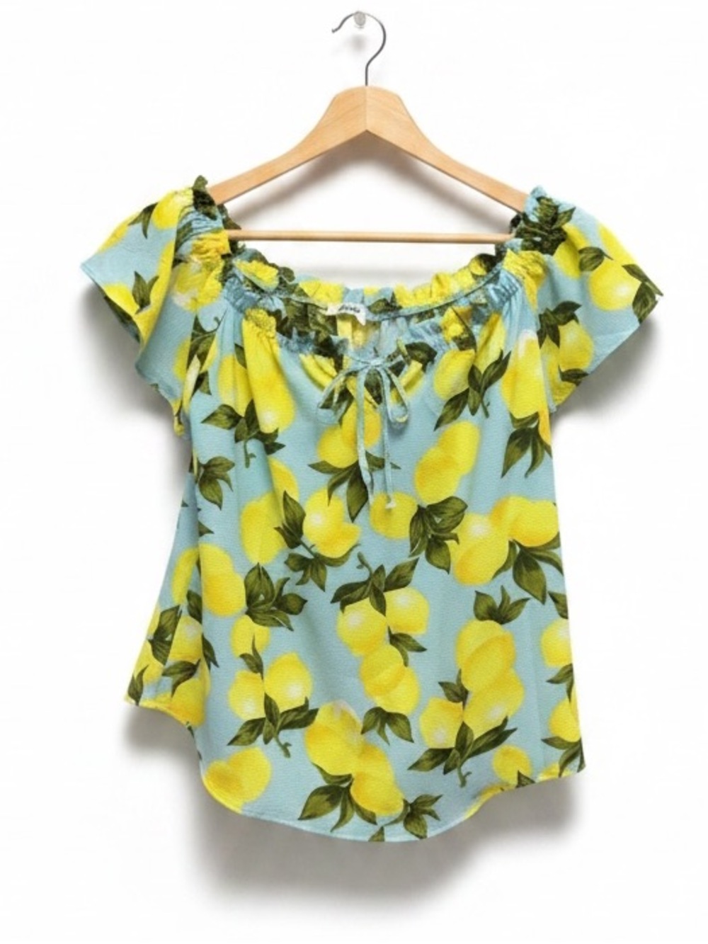 Rosette Lemon Print Off the Shoulder Milkmaid  Blouse Blue Yellow Size M